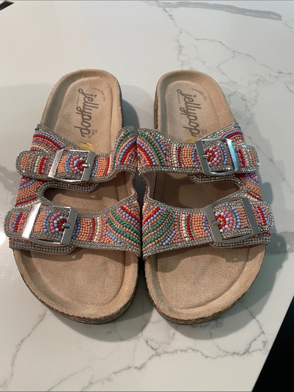 Jellypop Beaded Two-Buckle Slide Sandals in Pink, Turquoise, Silver - Picture 5 of 7